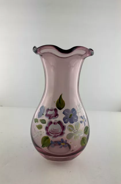 Fenton for Teleflora 8" Ruffled Purple Amethyst Glass Vase Hand-Painted