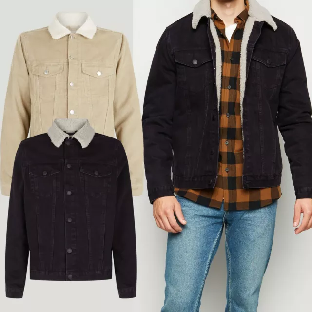 Mens Ex Brand Sherpa Lined Denim Trucker Jacket Borg Fleece Collar Corduroy