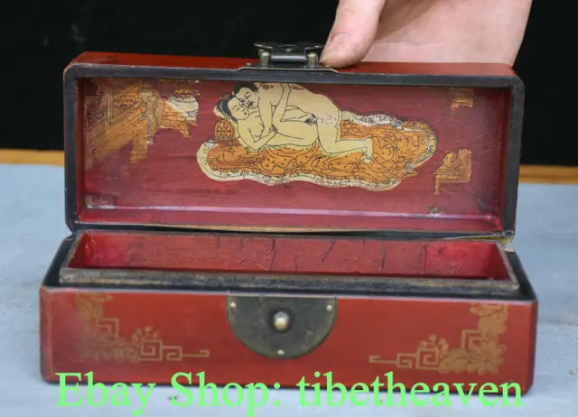 8" Old Chinese Red lacquerware Wood Bird Flower pornography Jewelry Box