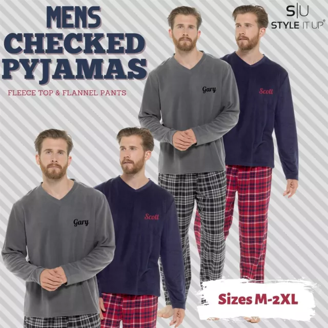 Mens Fleece Pajamas Long Sleeve Microfleece Check Pajama Set PJs Nightwear  