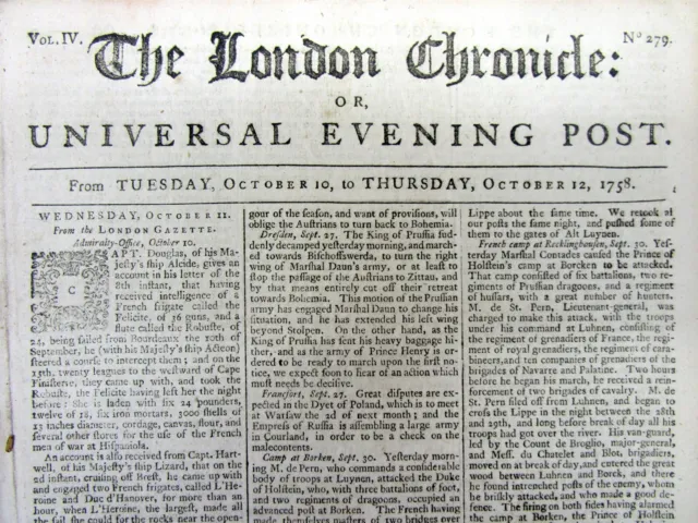 1758 French & Indian War newspaper LOUISBURG CAPTURED by BRITISH SIEGE in CANADA