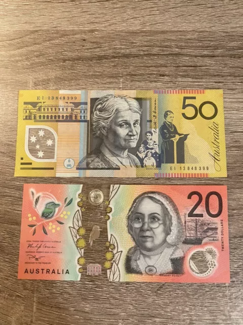 Australian 20+50 Dollar BankNote Circulated. 2 Bills $20-$50 AUD Note. CIR Bills