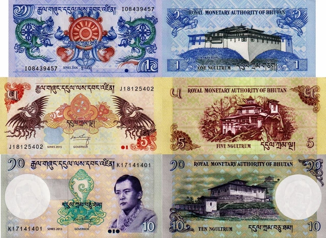 BHUTAN - Lot 3 Banknotes 1/5/10 ngultrum FDS - UNC