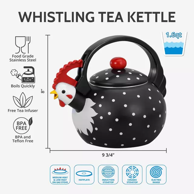 Whistling Tea Kettle for Stove Top Enamel on Steel Teakettle, Rooster Design Tea 3