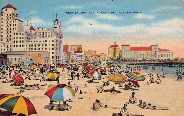 Long Beach CA California West Lagoon 1940s Rainbow Pier Surfing Vtg Postcard Q4