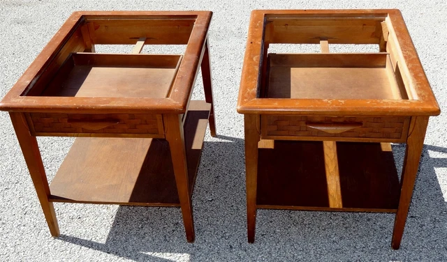Pair Lane Perception Style Travertine Top End Tables Basketweave Fronts * AS IS Pair Lane Perception Style Travertine Top End Tables Basketweave Fronts * AS IS
