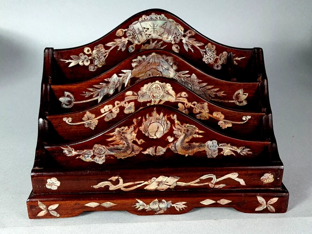 Ancien Porte-courrier En Bois Acajou – Marqueterie, Style Colonial Britannique, Fixation Murale