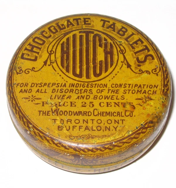 Chocolate Hutch Tablets Medicine Tin RARE EARLY 1906 Drug Act Medical Tin