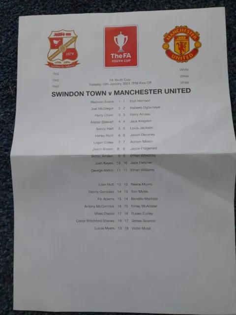 Swindon Town v  Manchester United U18s FA Youth Cup Teamsheet 2023/24
