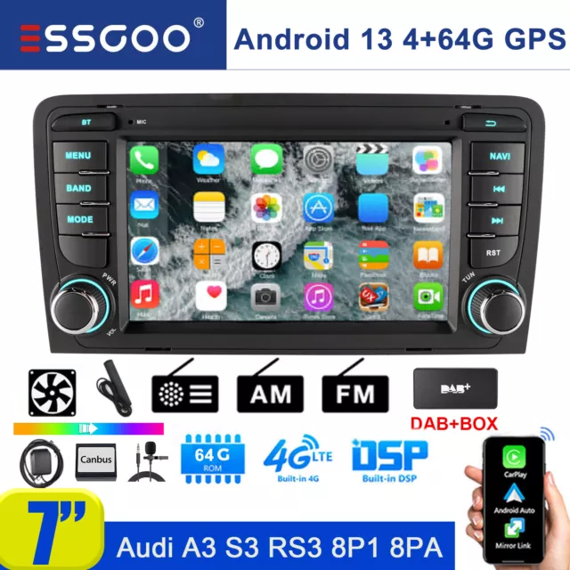 DAB+ Carplay GPS Navi RDS Für Audi A3 S3 RS3 8P 03-13 4+64G Android 13 Autoradio