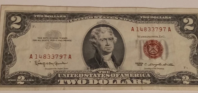 $2.00 Dollar Bill 1963 Red Seal A14833797A