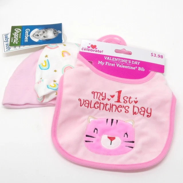 My First Valentine's Day Bib & Two Infant Beanie New Born Baby 17-21" Bundle NWT
