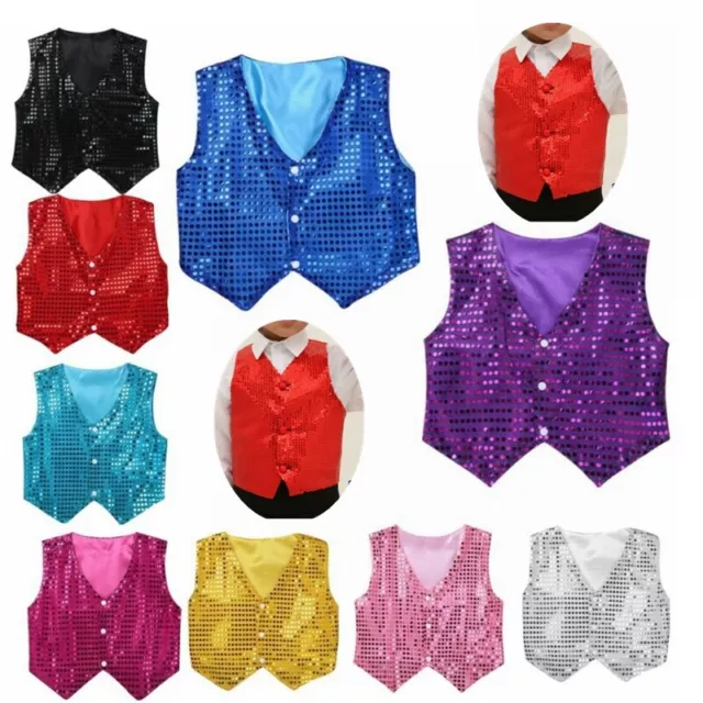 Kid Boys Girls Sequined Vest Tops Waistcoat Jazz Dance Stage Performance Costume