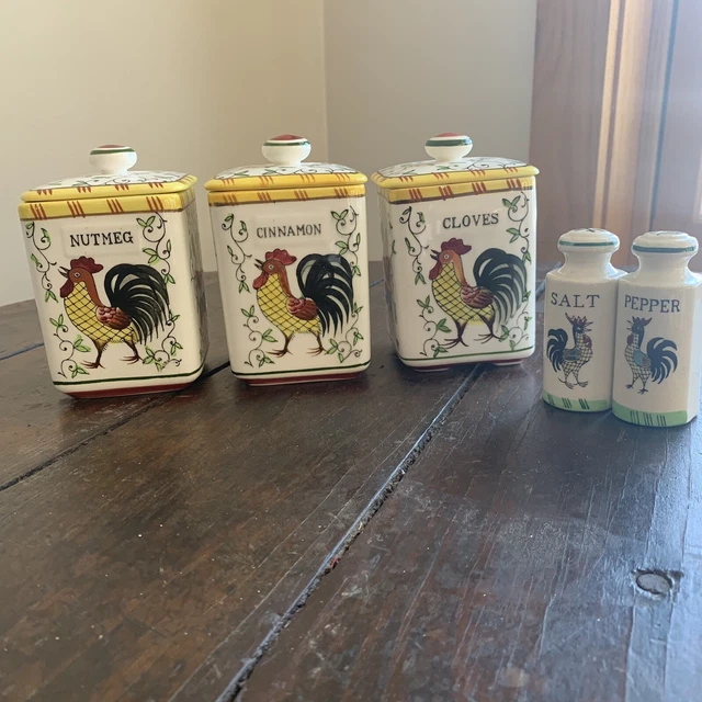 Set 3 Ucagco Rose & Rooster Early Provincial Spice Jars /Lids & Sm Salt & Pepper