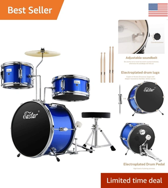 Junior Drum Set with Adjustable Throne, Cymbal, Pedal & 2 Pairs of Drumsticks