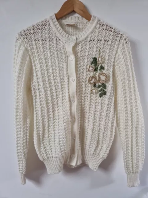 Cardigan top True Vintage anni '80 lavorato a maglia grossa crema ricamato fiori taglia S 8 10