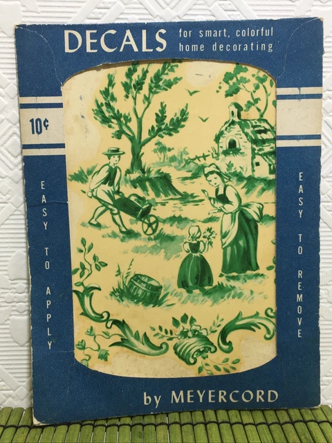 Calcomanías verdes vintage Meyercord vida agrícola tipo lienzo colonial escena NUEVAS stock antiguo