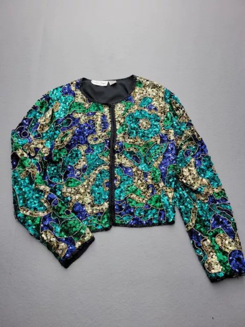 VINTAGE Laurence Kazar New York Womens Jacket PL Green Blue 100% Silk Beaded