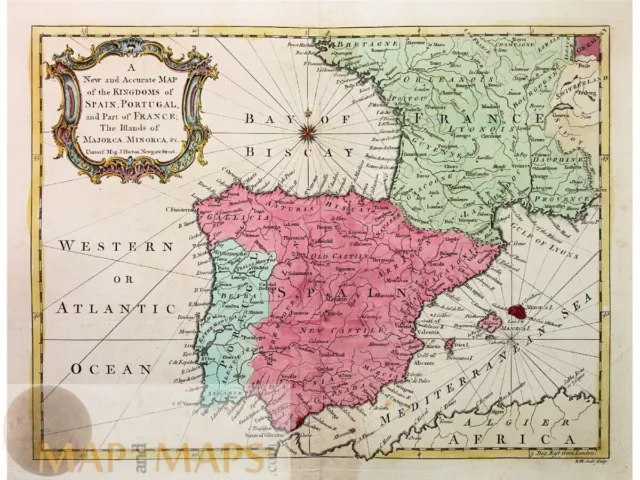 Kingdoms of Spain, Portugal, Islands of Majorca, by Seale 1757.