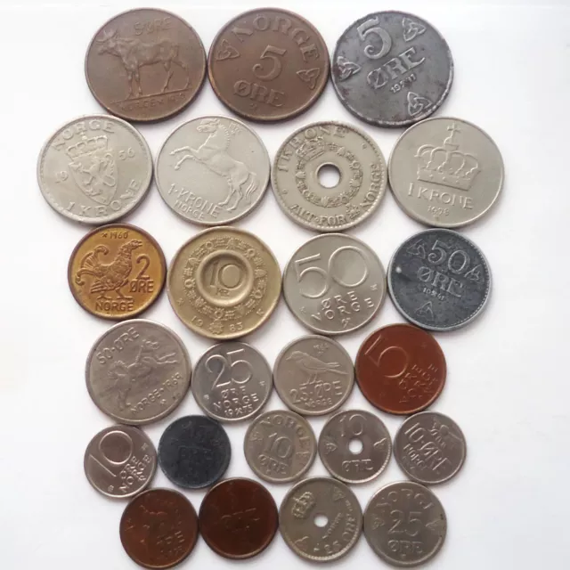 Norwegen 24 verschiedene Münzen ab 1940 1 Öre - 10 Kronen