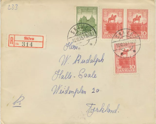 DÄNEMARK 1955 1000 Jahre Königreich Dänemark 10Ö u 30Ö (3x) Kab.-R-Brief  SKIVE