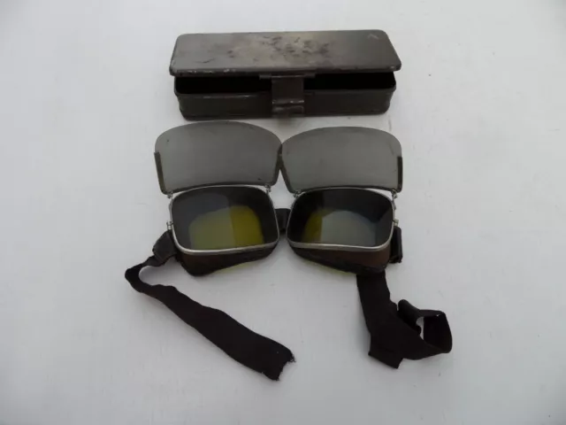 alte originale Fliegerbrille Motorradbrille mit Blechdose Oldtimer