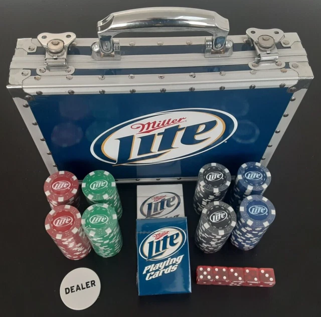 Miller Lite Gaming Set/Case_2 Poker Card Decks, 200 Chips ~11.5 g, Marker, Dice