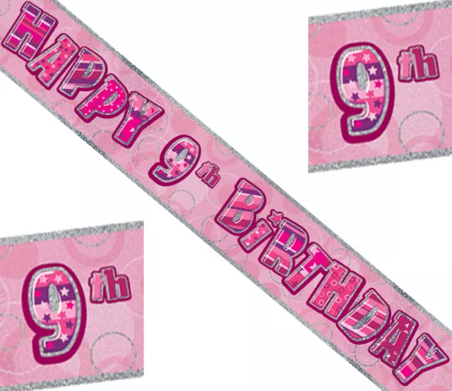 2 Stück Folien Banner zum 9. Geburtstag Pink Glimmer  HAPPY BIRTHDAY 360 cm