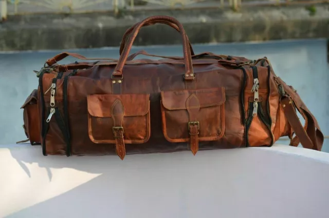 Retro Weekend Leather Travel Luggage Brown Real Suitcase Carry Genuine Duffle