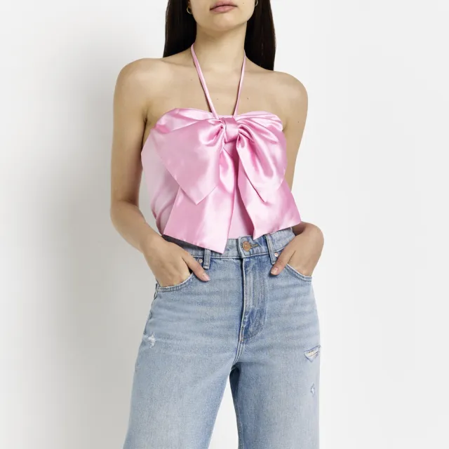 River Island Womens Bow Detail Top Pink Halter Neck Sleeveless Satin Casual Vest