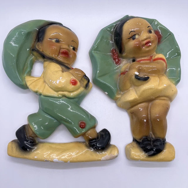 Vintage Americana African American Chalkware Girl & Boy Umbrella Wall Hangings