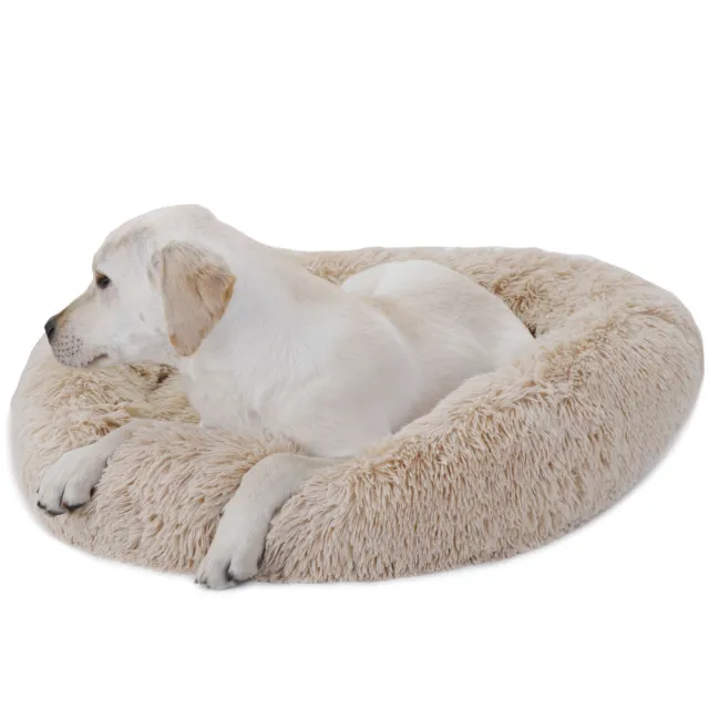 Dog Bed Donut Soft Round Plush Cat Bed Cuddler Cushion Non-Slip Cozy Beige
