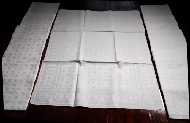 Lot de  11 serviettes damassées 84 x 66 cm à motif placé et monogramme "AN"