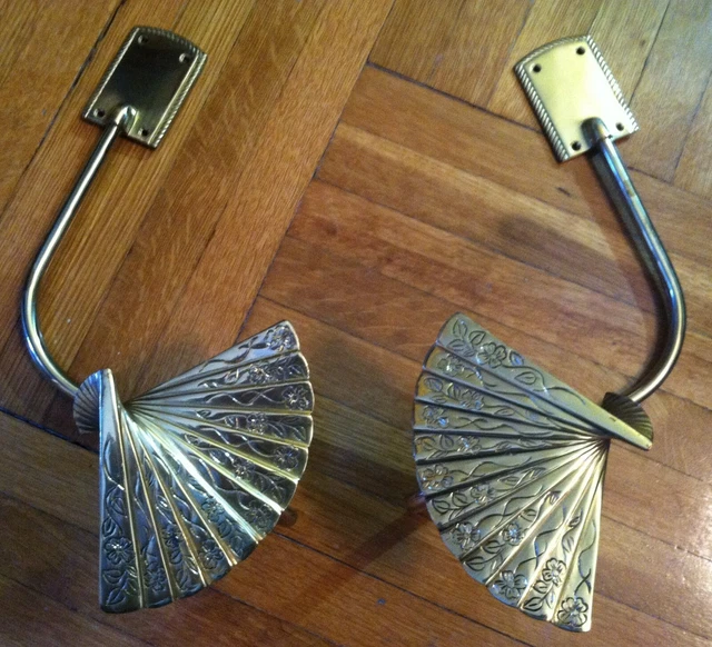Vintage Pair Solid Brass Japanese Fan Decorative Curtain Tie Backs Wall Mount