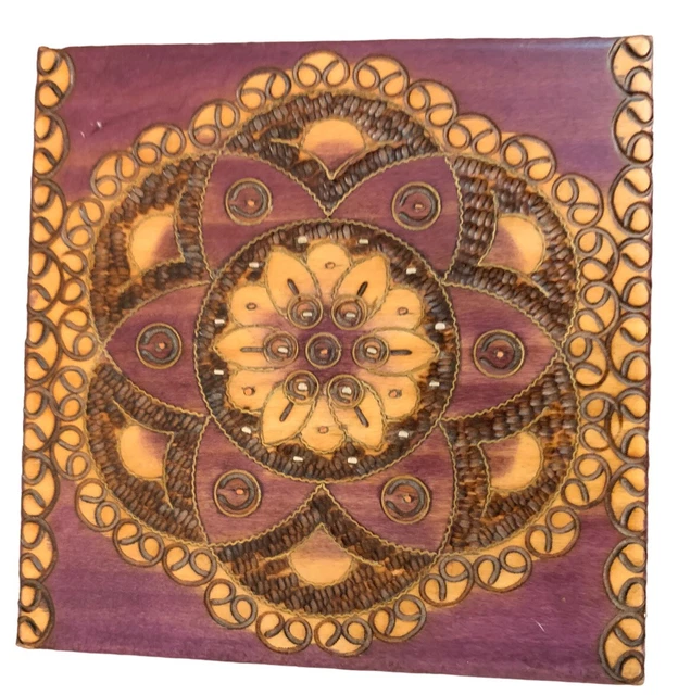 Kaleidoscope Flower Handcrafted Polish Wooden Trinket Jewelry Box Purple Boho