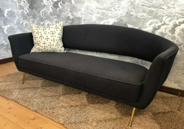 vintage 1950s mid century black Italian sofa with brass legs 2