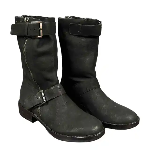 Eileen Fisher Size 5B Log Harness Black Leather Suede Moto Boots NEW