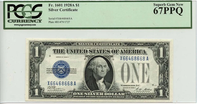 1928A $1 Silver Certificate Blue Woods Mellon Fr# 1601 PCGS SUPERB GEM 67 PPQ