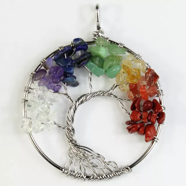 7 Chakra Circle Tree of Life Healing Energy REIKI Stones Black Rope Necklace