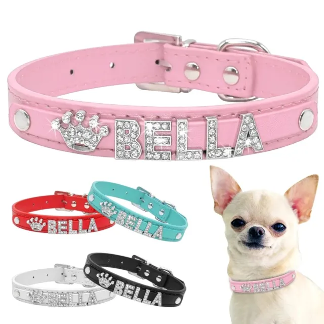 Adjustable Personalised Leather Dog Collar Leather Pet Puppy Collars Rhinestone