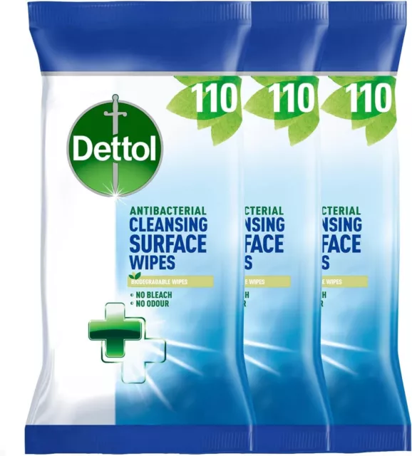 Dettol Antibacterial Biodegradable Surface Cleaning Disinfectant Wipes, 110 x 3