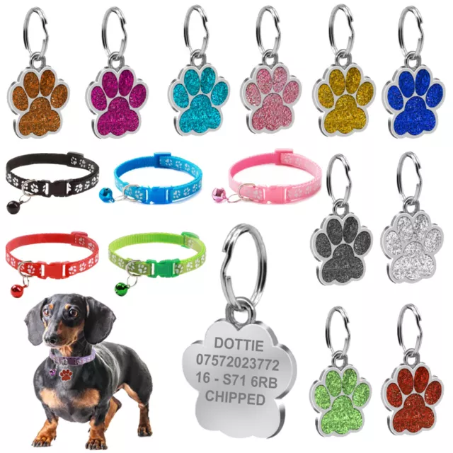 Collar With Engraved Dog Tag Personalised Puppy Paw Charm Pet Glitter Name ID UK