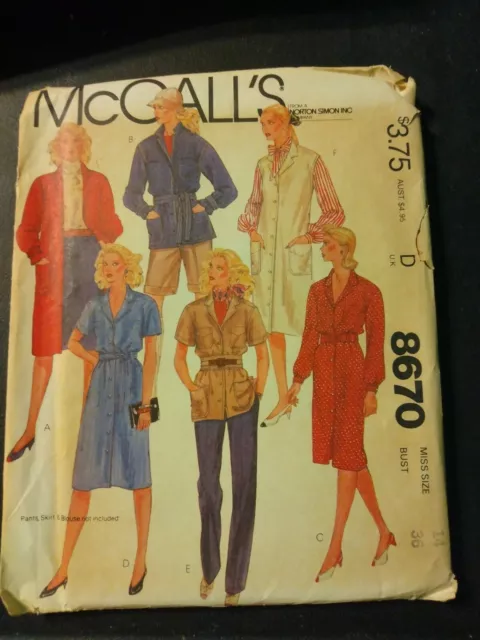 McCall's Sewing Pattern 8670 Size 14 UC FF 🧵🪡 Coat-Dress/Skirt-Jacket/Dress