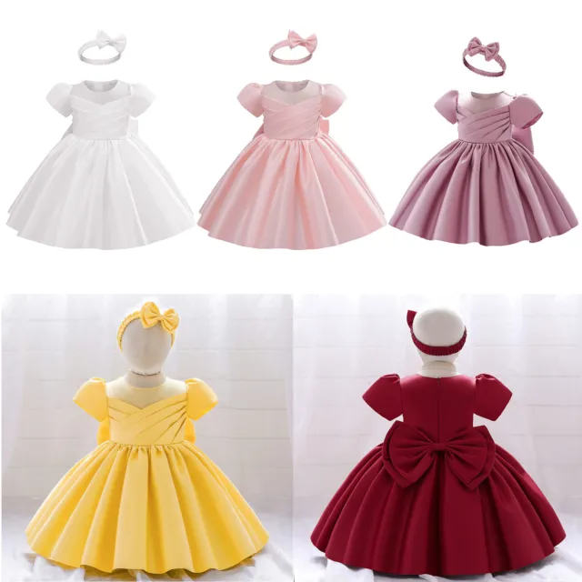Toddler Baby Girls Pleated Ball Gown Princess Christening Party Dress Headwear