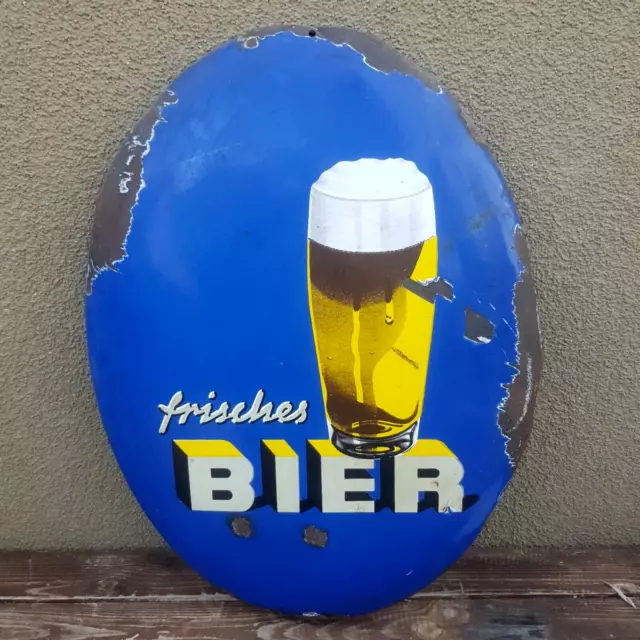 Emailschild Frisches Bier 1950er 57,5 x 42,5 cm Original