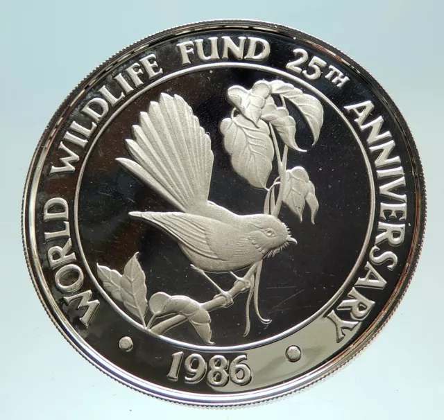 1986 SAMOA UK British FANTAIL BIRD Wildlife Fund 25 Yrs OLD Silver Coin i76787