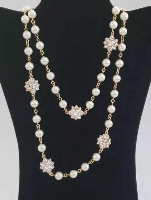 Charter Club Necklace Crystal Flower Imitation Pearl Strand Gold Tone 42" NWT