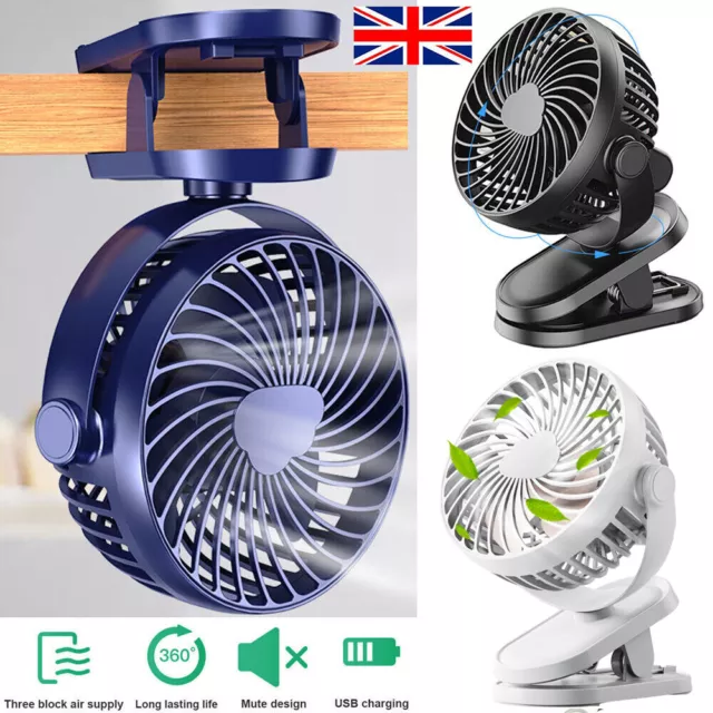 USB Rechargeable Mini Cooling Fan 3 Speeds Clip On Desk Baby Stroller Portable-