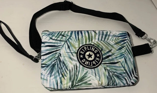 Kipling Leaf Print Fanny Waist Bag Pouch Blue White Green Palm Tropical Leaves