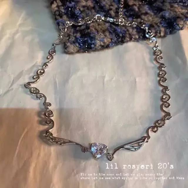 Elegant 925 Silver Heart Wings Pendant Necklace Women Cubic Zirconia Jewelry